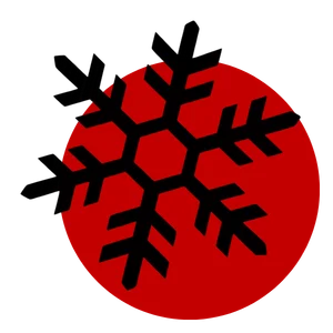 Black snowflake design centered on a red circle, set against a transparent background.