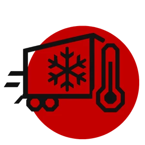 Refrigerated truck icon with a snowflake and thermometer on a red circle background, indicating temperature control for transport.