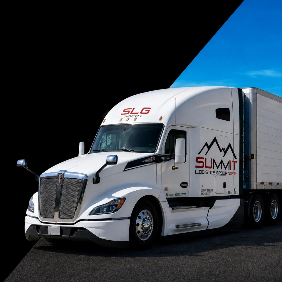 White semi-truck with "SLG North" and "Summit Logistics Group North" logos, parked on asphalt, against a split black and blue sky background.